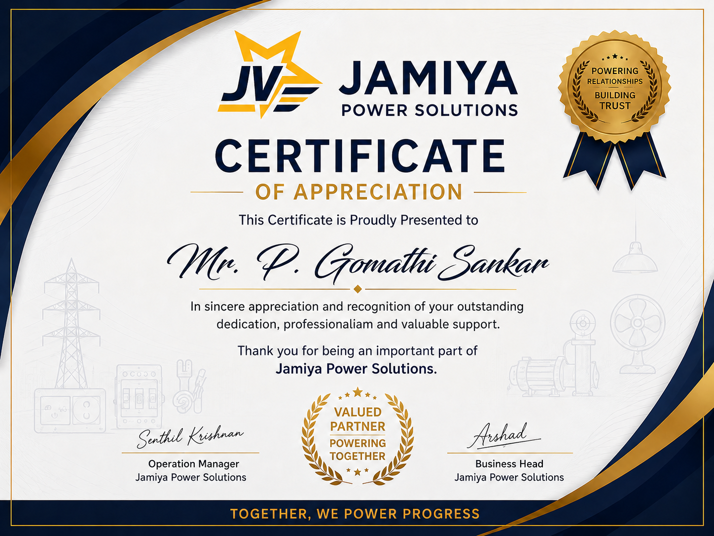 Certificate of Appreciation awarded to Gomathi Sankar