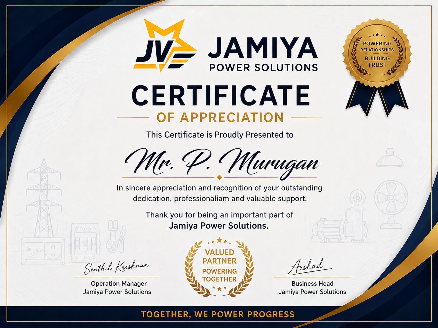 Certificate of Appreciation awarded to Murugan