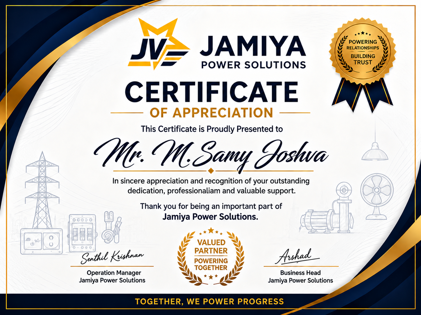 Certificate of Appreciation awarded to Samy Joshva